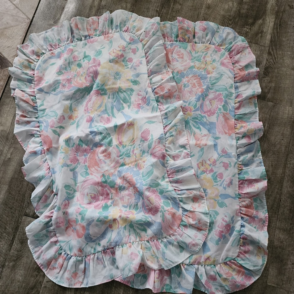 2 Vintage 90s Cottagecore Frilly Floral King Pillow Shams 39" x 26" Made in USA